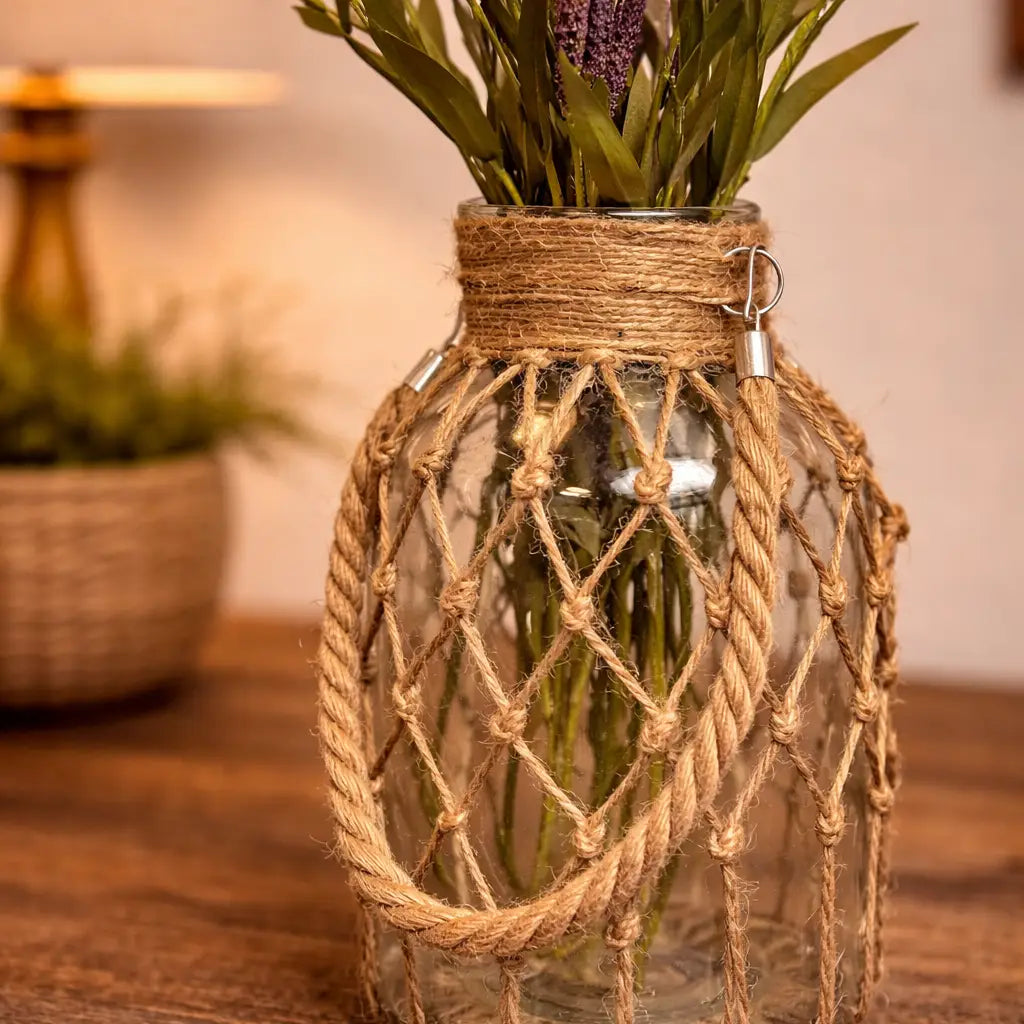 Vintage Hand-woven Mesh Pocket Hanging Glass Vase