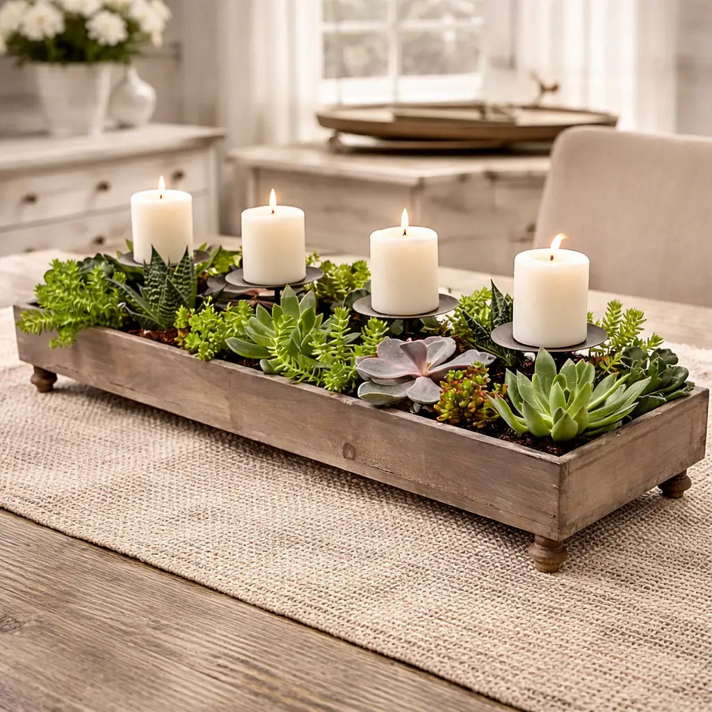 Rustic Recycled Pine Four Candle Holder Centerpiece