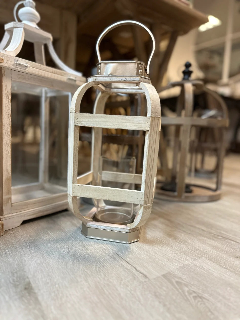 WOOD WITH METAL WHITE LANTERN CANDLE HOLDER