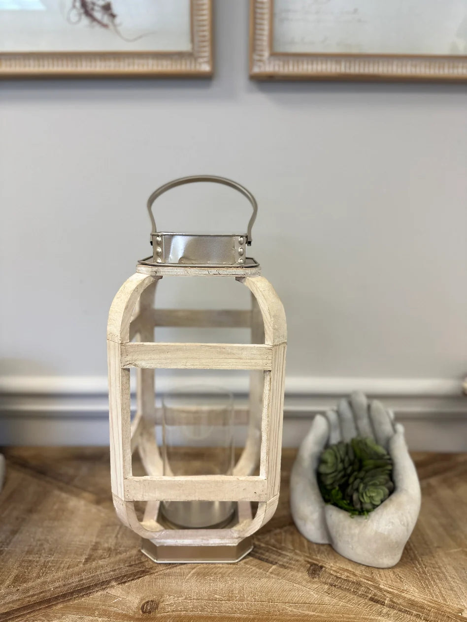 WOOD WITH METAL WHITE LANTERN CANDLE HOLDER