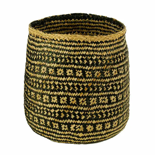 Handwoven Cylinder Basket in Black & Natural Seagrass