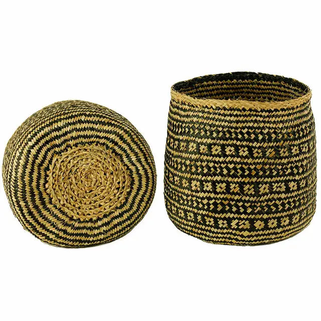 Handwoven Cylinder Basket in Black & Natural Seagrass