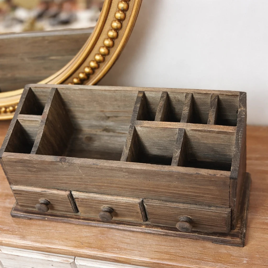 Rustic Wooden Desk Organizer with Drawers