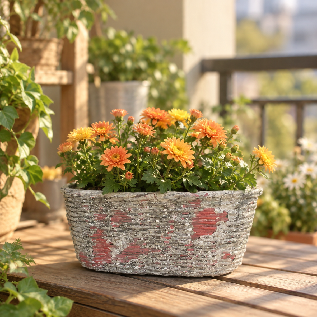 Large Concrete Oval Container with Basket Motif