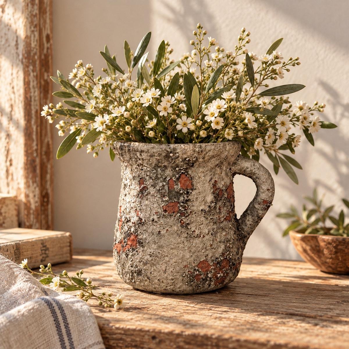 Cement Rustic Floral Jar