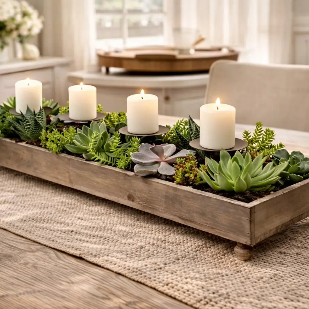 Rustic Recycled Pine Four Candle Holder Centerpiece