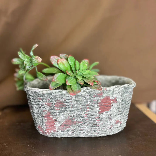 Large Concrete Oval Container with Basket Motif