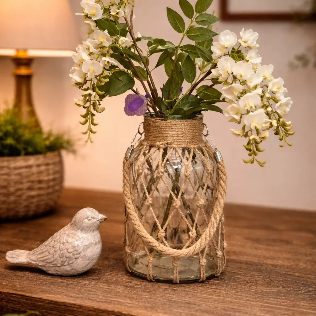 Vintage Hand-woven Mesh Pocket Hanging Glass Vase