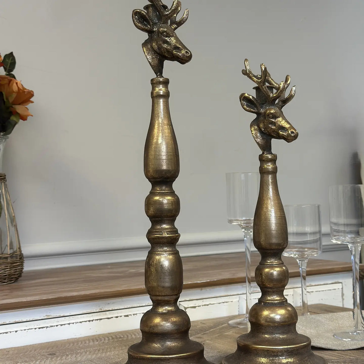 Antique Brass Deer Head Candle Holder