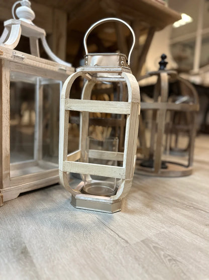 WOOD WITH METAL WHITE LANTERN CANDLE HOLDER