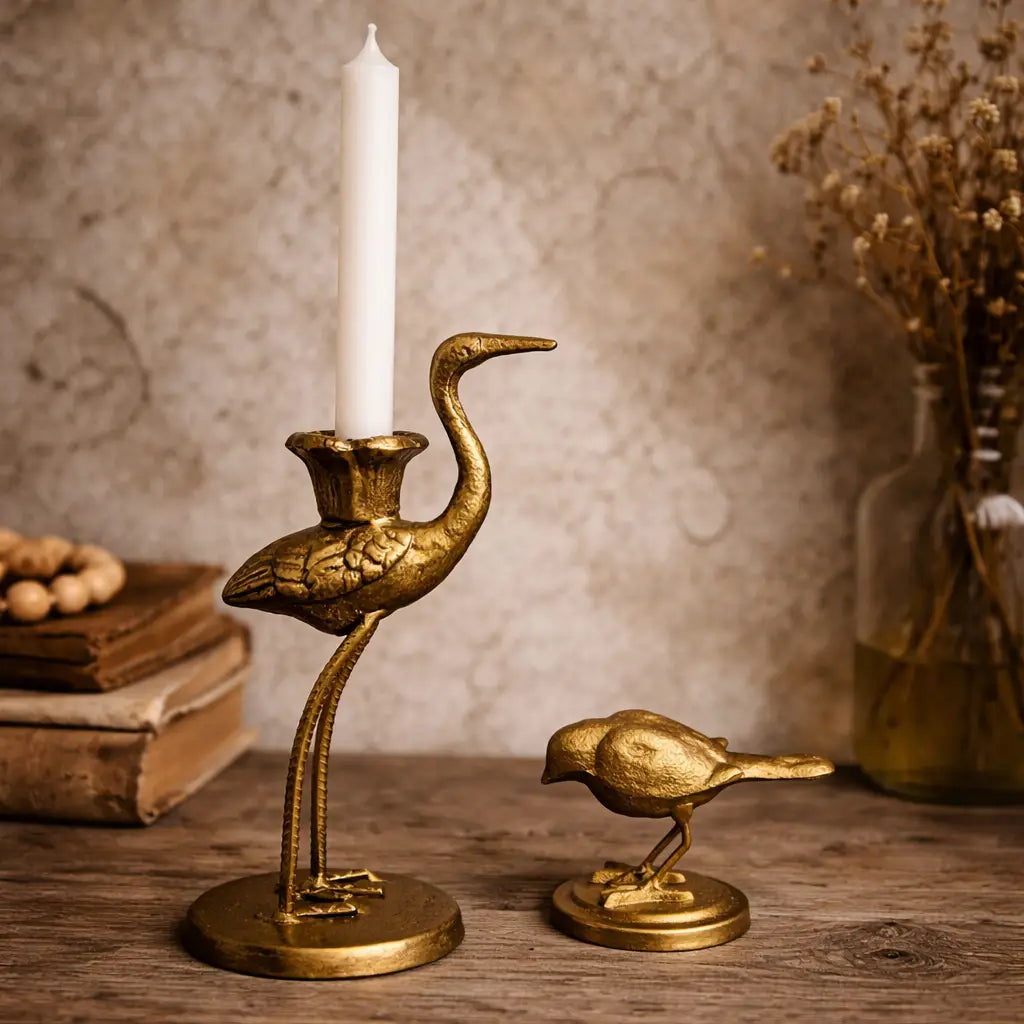 Crane Candle Holder with Antique Gold Finish