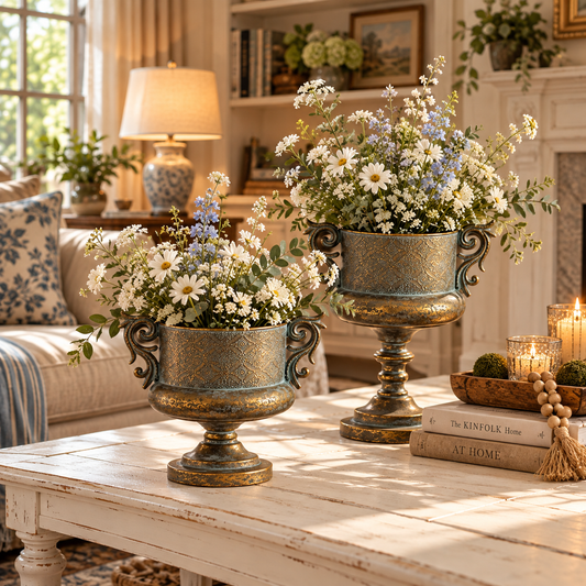 Embossed Gold Urn Planter with Decorative Handles