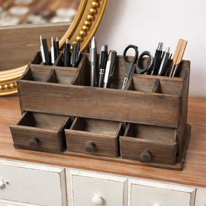 Rustic Wooden Desk Organizer with Drawers