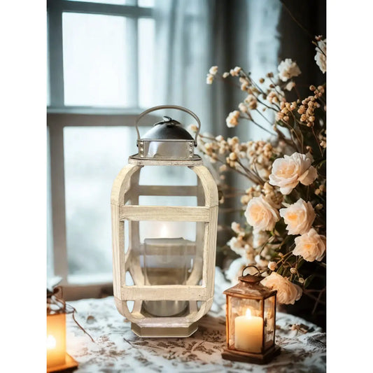 WOOD WITH METAL WHITE LANTERN CANDLE HOLDER