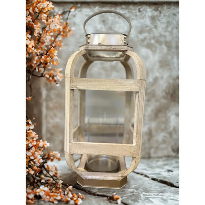 WOOD WITH METAL WHITE LANTERN CANDLE HOLDER