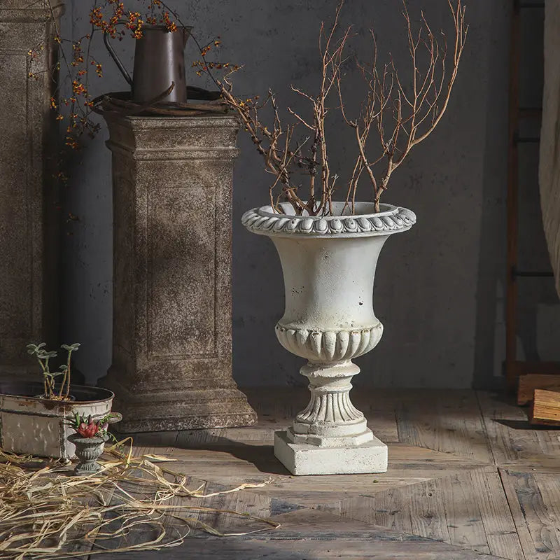 Distressed White Pedestal Urn Planter