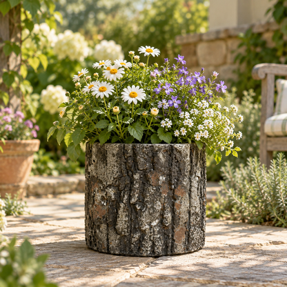 Round Concrete Pot with Bark Motif