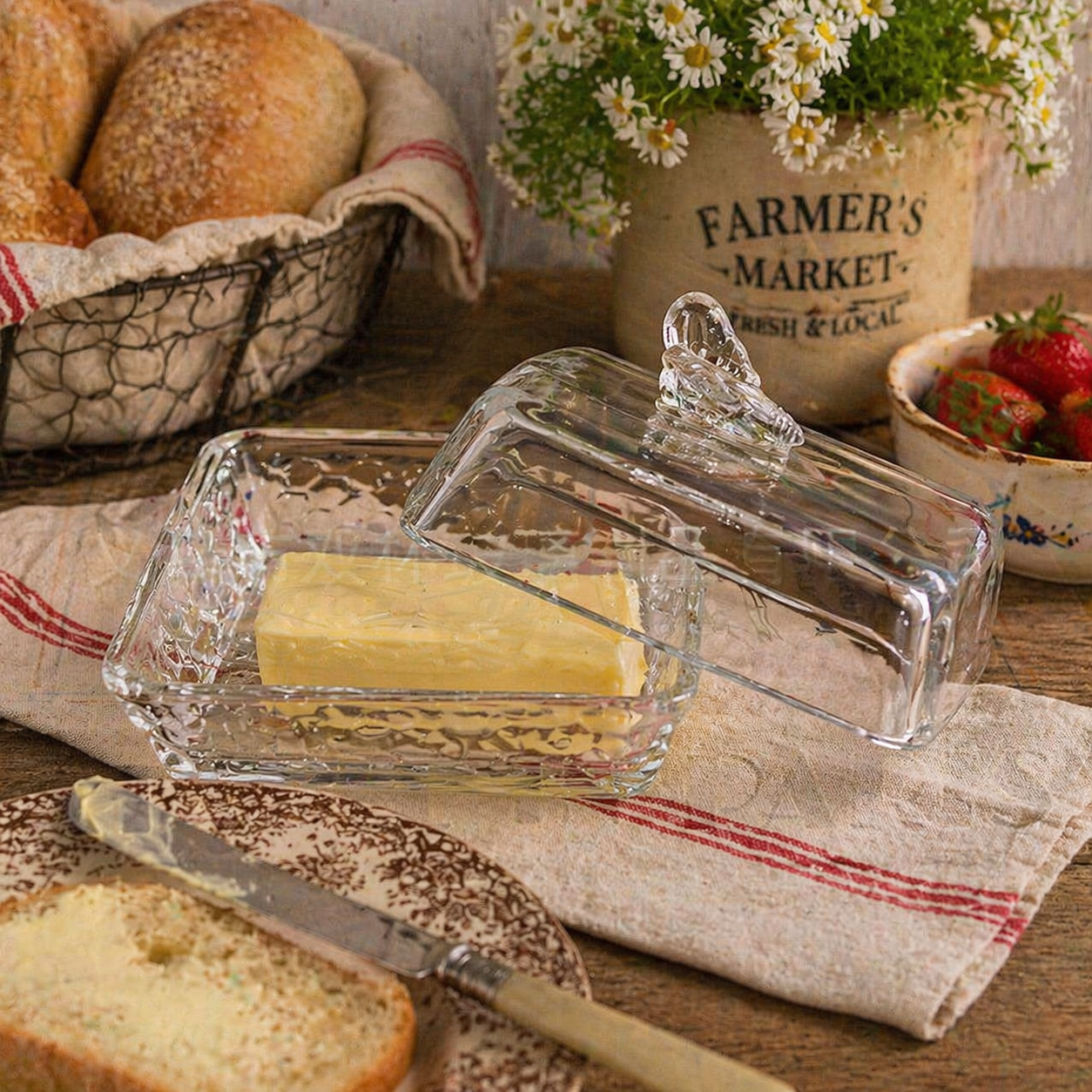 Cut Glass Butter Dish with Bird Knob Lid