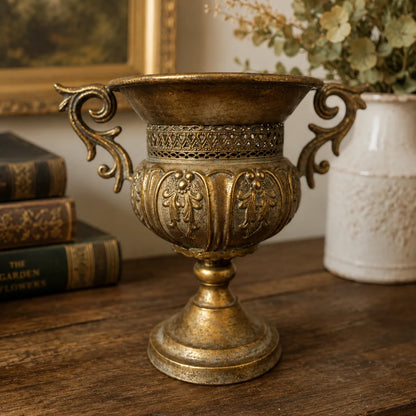 Distressed Pedestal Urn Planter with Ornate Scroll Handles