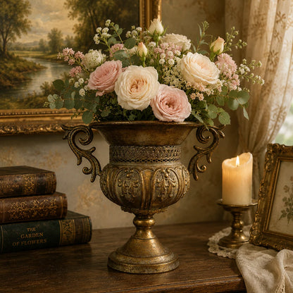 Distressed Pedestal Urn Planter with Ornate Scroll Handles