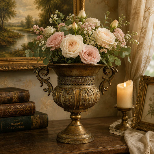 Distressed Pedestal Urn Planter with Ornate Scroll Handles