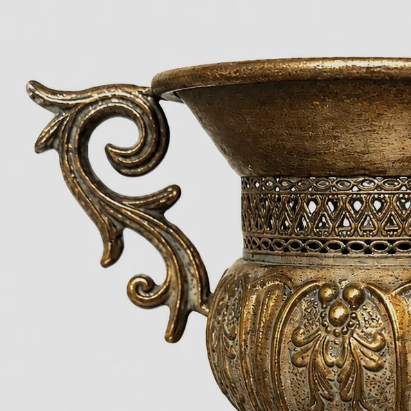 Distressed Pedestal Urn Planter with Ornate Scroll Handles