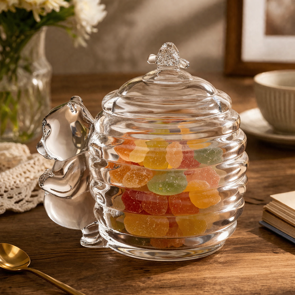 Glass Bear Honey Jar with Dipper Lid