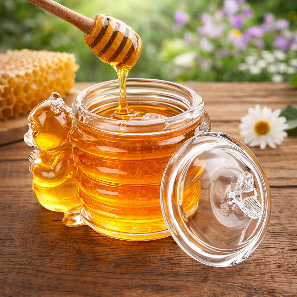 Glass Bear Honey Jar with Dipper Lid