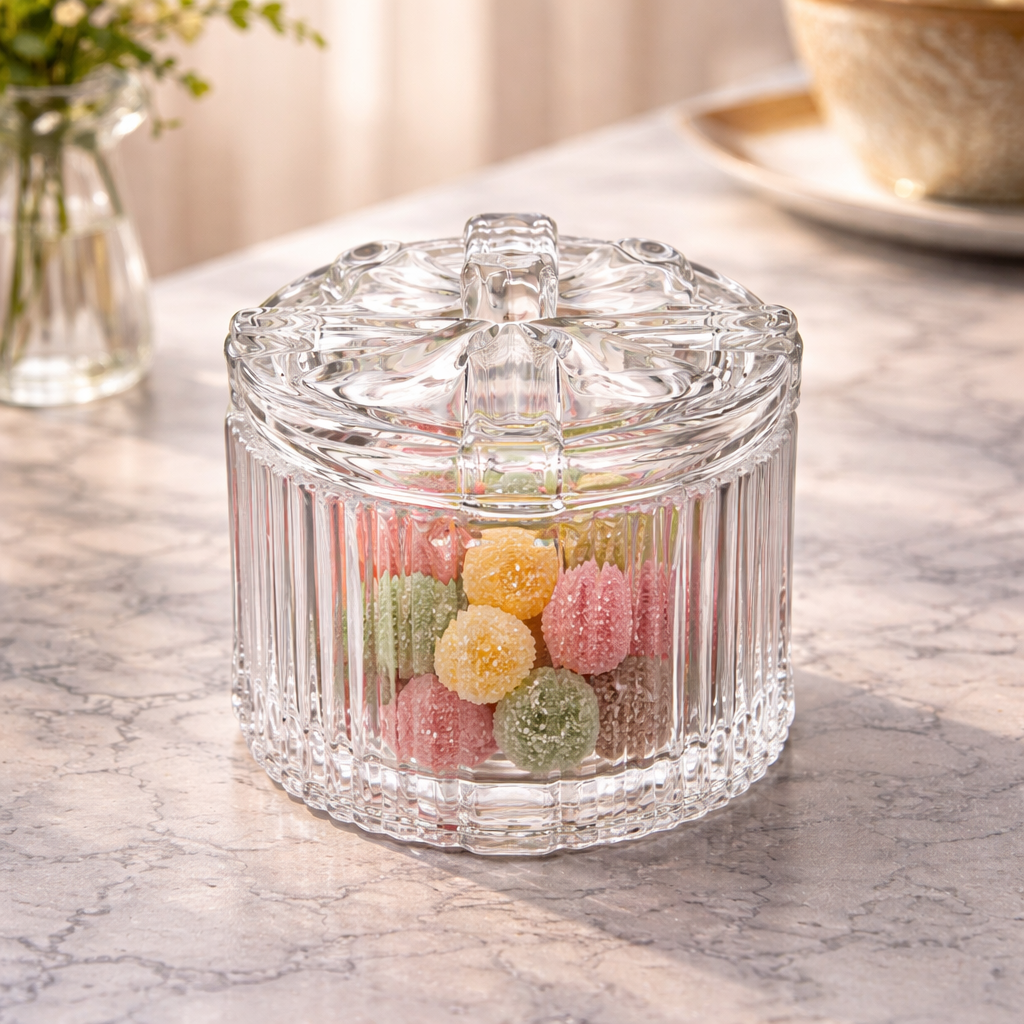 Round Ribbed Glass Jar with Sculpted Bow-Top Lid