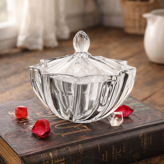 Petal Cut Glass Jar with Faceted Lid & Floral Silhouette
