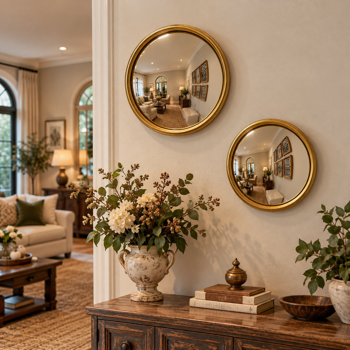 Round Convex Mirror with Metal Frame in Gold Finish