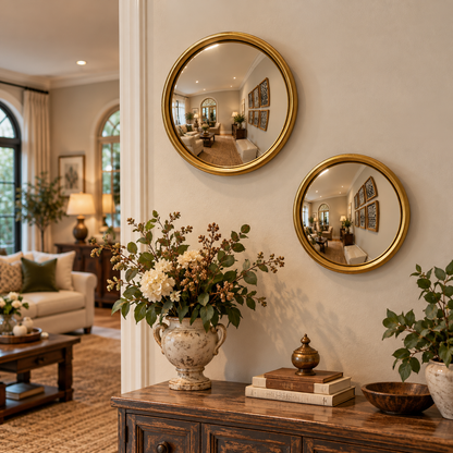 Round Convex Mirror with Metal Frame in Gold Finish