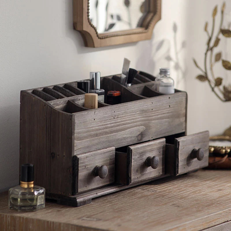 Rustic Wooden Desk Organizer with Drawers