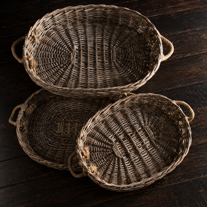 Oval Willow Trays with Jute Handles - Set of 3