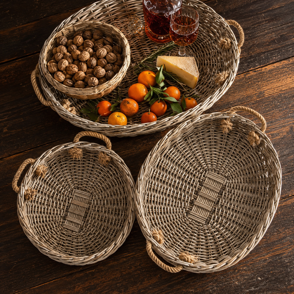 Oval Willow Trays with Jute Handles - Set of 3