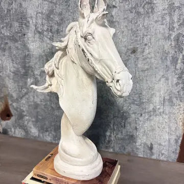 Distressed White Horse Head Bust Sculpture