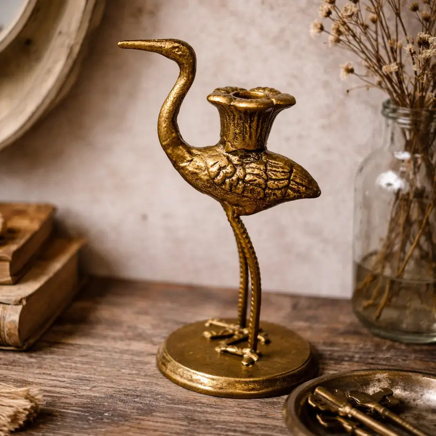 Crane Candle Holder with Antique Gold Finish