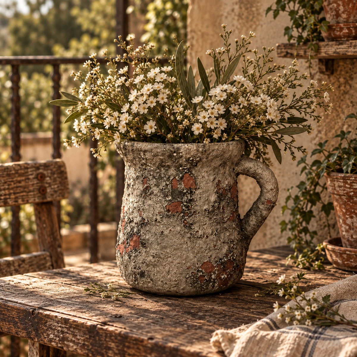 Cement Rustic Floral Jar