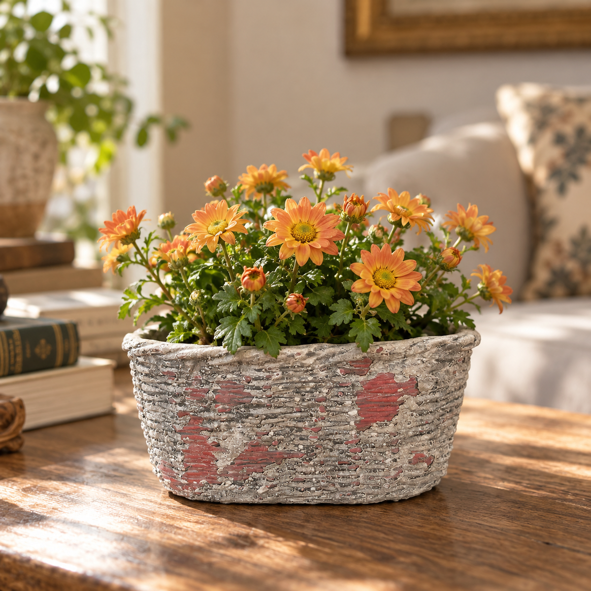 Large Concrete Oval Container with Basket Motif