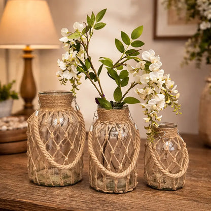 Vintage Hand-woven Mesh Pocket Hanging Glass Vase