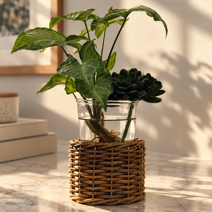 Glass Vase / Candle Holder with Wicker Base